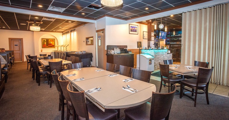 Dining space, tables ready for guests