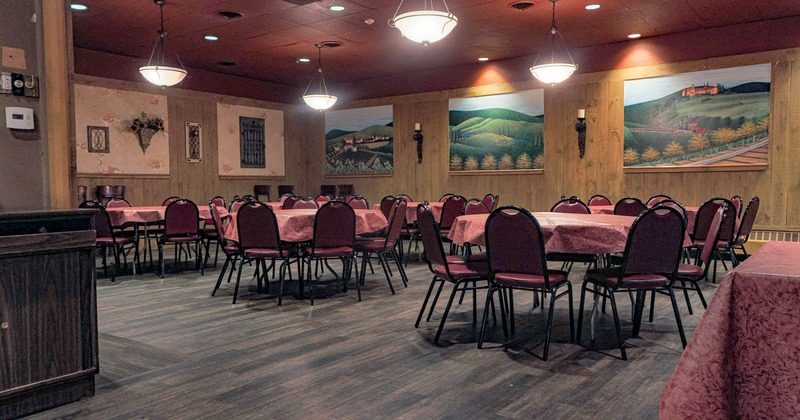 View of a dining area, pictures on the walls