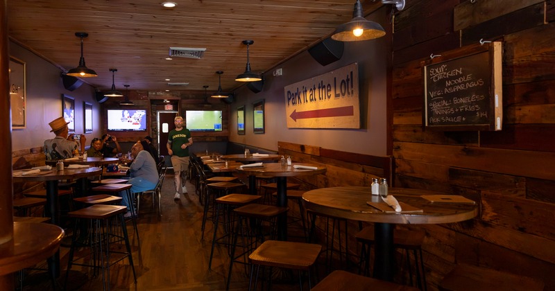 Wide view to restaurant, bar, tables, chairs