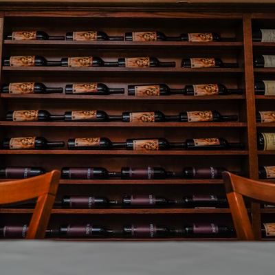 Shelves with bottles.
