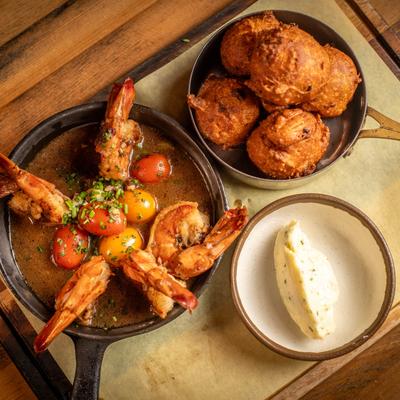 Miso BBQ Shrimp & Hush Puppies, serve with chive honey butter.