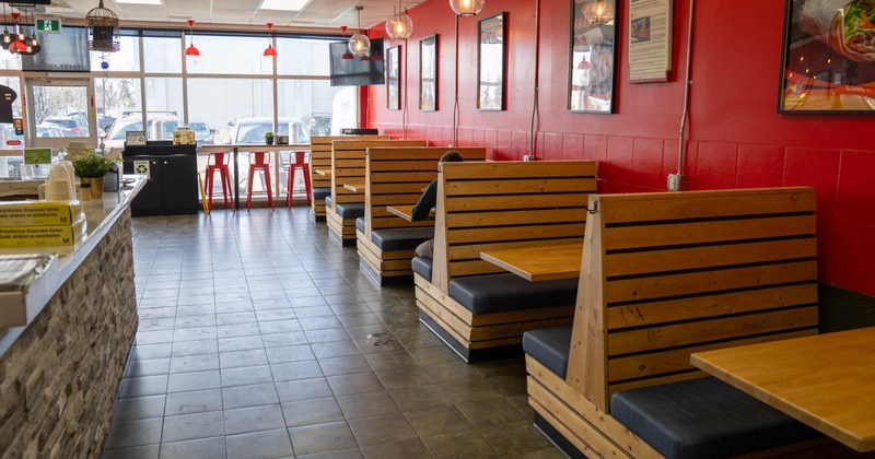 Interior, seating booths lined up