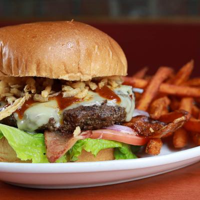Bacon cheeseburger and sweet potato fries.