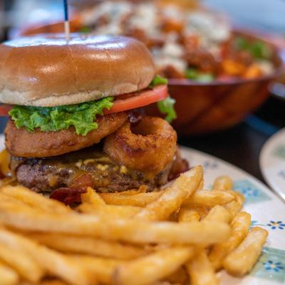 Brogue burger served with French fries.