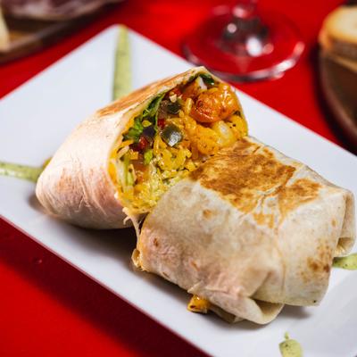 Shrimp burrito, with mixed vegetables and rice