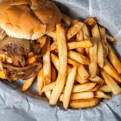 Fried onion burger and fries.