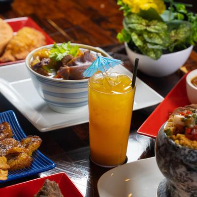 Various food and drink.