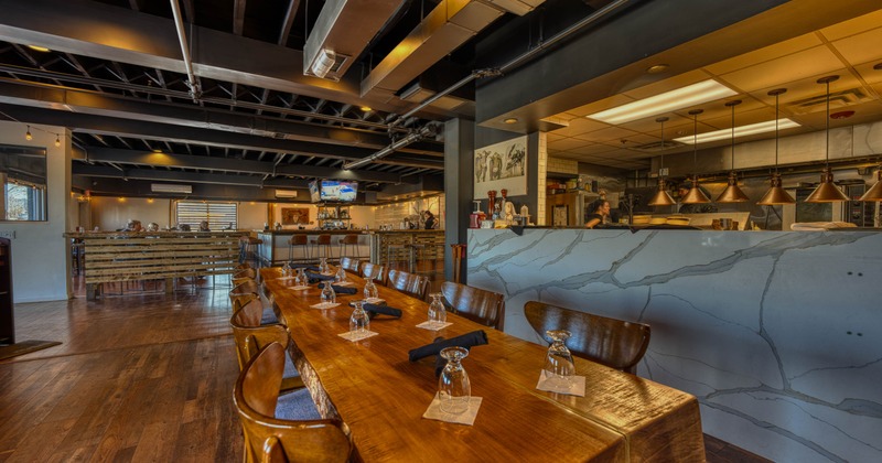 Interior, set table and chairs ready for guests