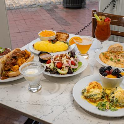 Served food and drinks on the table.