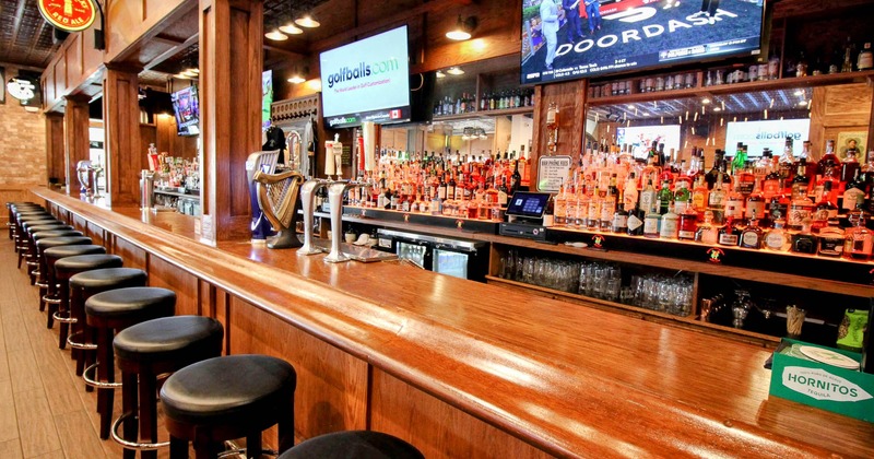 Interior, bar, chairs, screens above