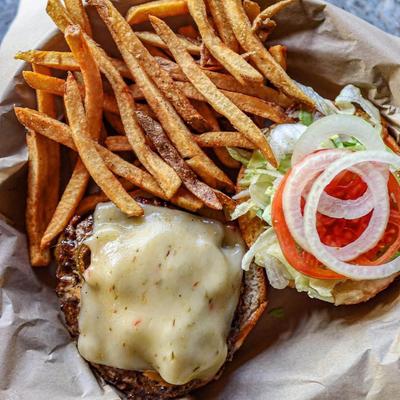 Served burger and fries.