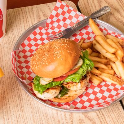 Grilled chicken sandwich and fries.