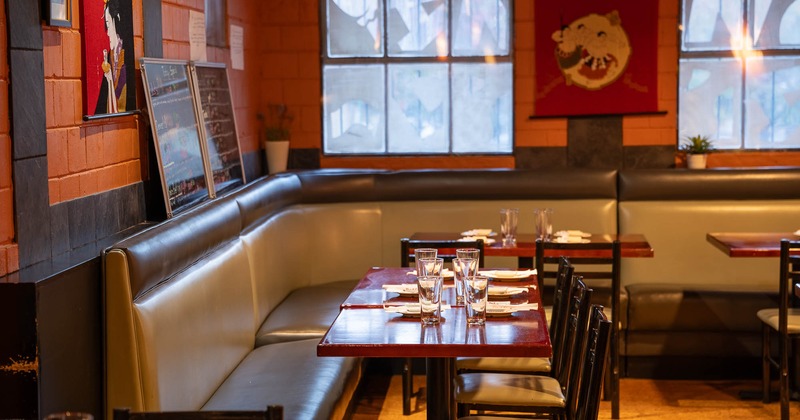 Interior, banquette seating, tables and chairs