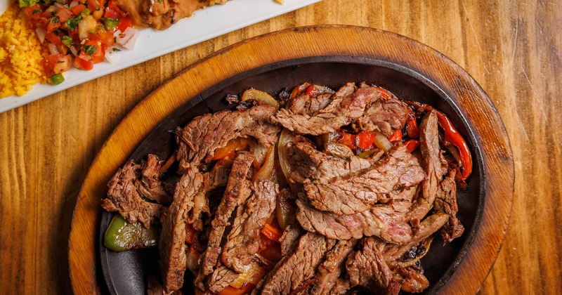 Beef fajita with vegetables, top view