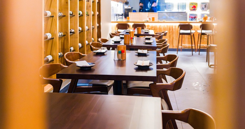 Interior, tables and chairs lined up