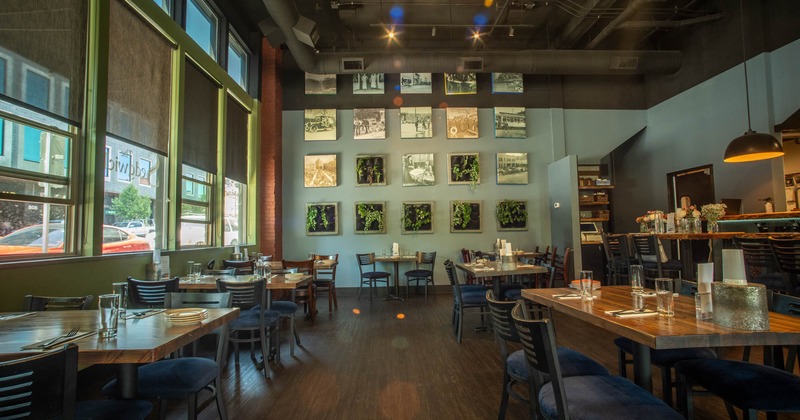 Interior, dining area, wooden top tables with chairs, large window on the left