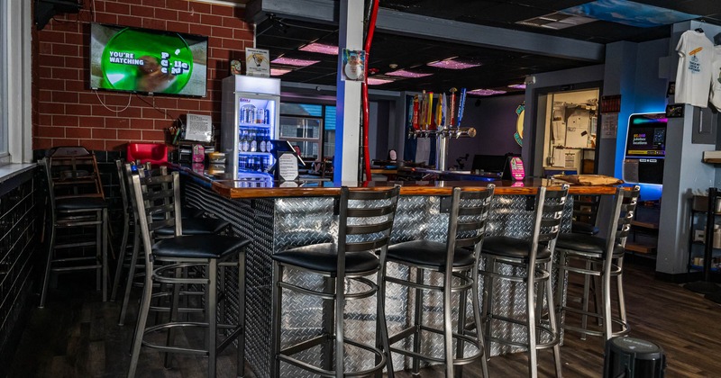 Interior, bar area, bar and bar stools