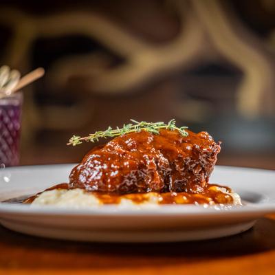 Miso-braised rib with garlic mashed potatoes and gravy.