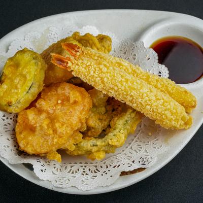 Tempura shrimp and vegetables.