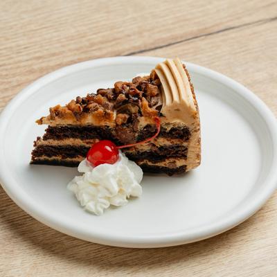 Peanut Butter Chocolate Cake slice on a white plate with a cherry and whipped cream.