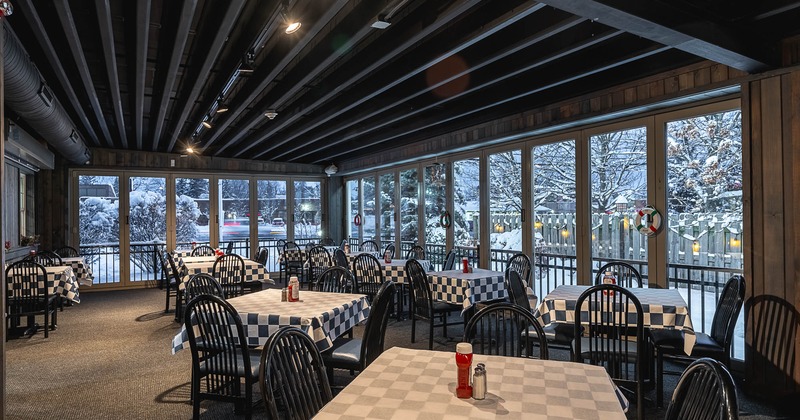 Interior, seating area with tables and chairs