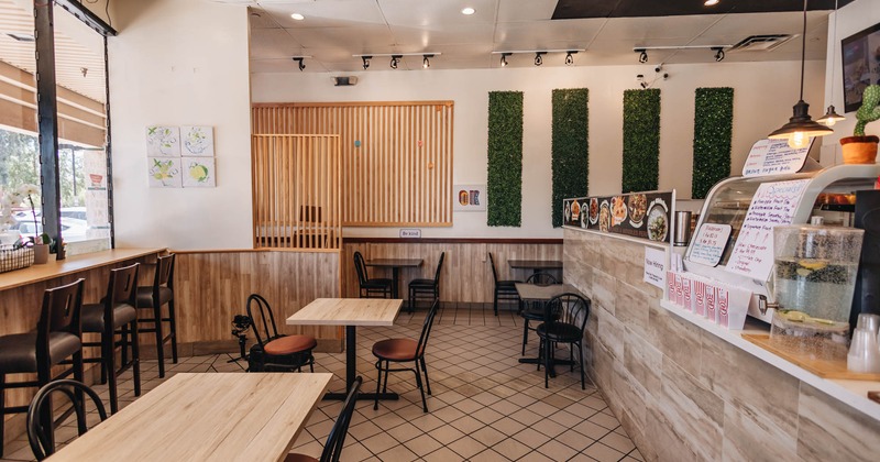 Interior, seating area with tables and chairs