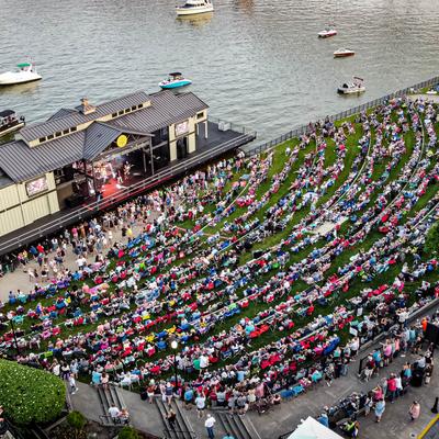 Aerial overhead view of the river stage and crowds in the daytime