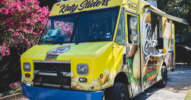 Front view of colorful food van