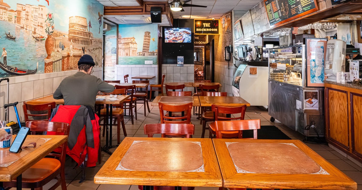 Interior, tables and chairs lined up