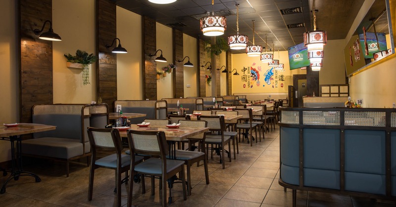 Interior seating area with chairs and tables