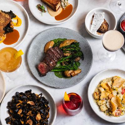 A top view of various meals.