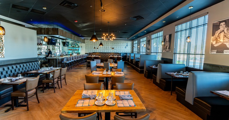 Interior, diner area, tables and chairs, booths on both sides