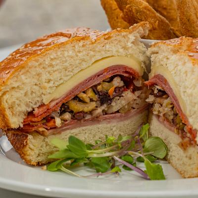 Muffuletta sandwich, served.