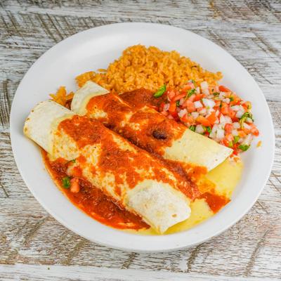 Borrito De La Roquetta with sides of rice and pico de gallo.