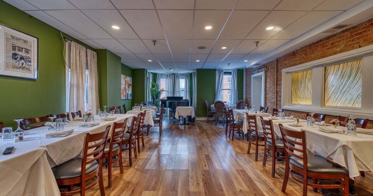 Interior, dining area with tables in a row