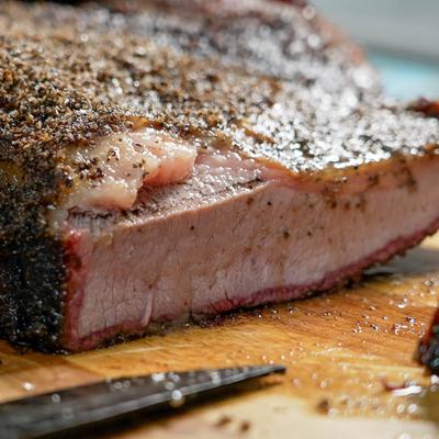 Pepper-crusted smoked brisket.