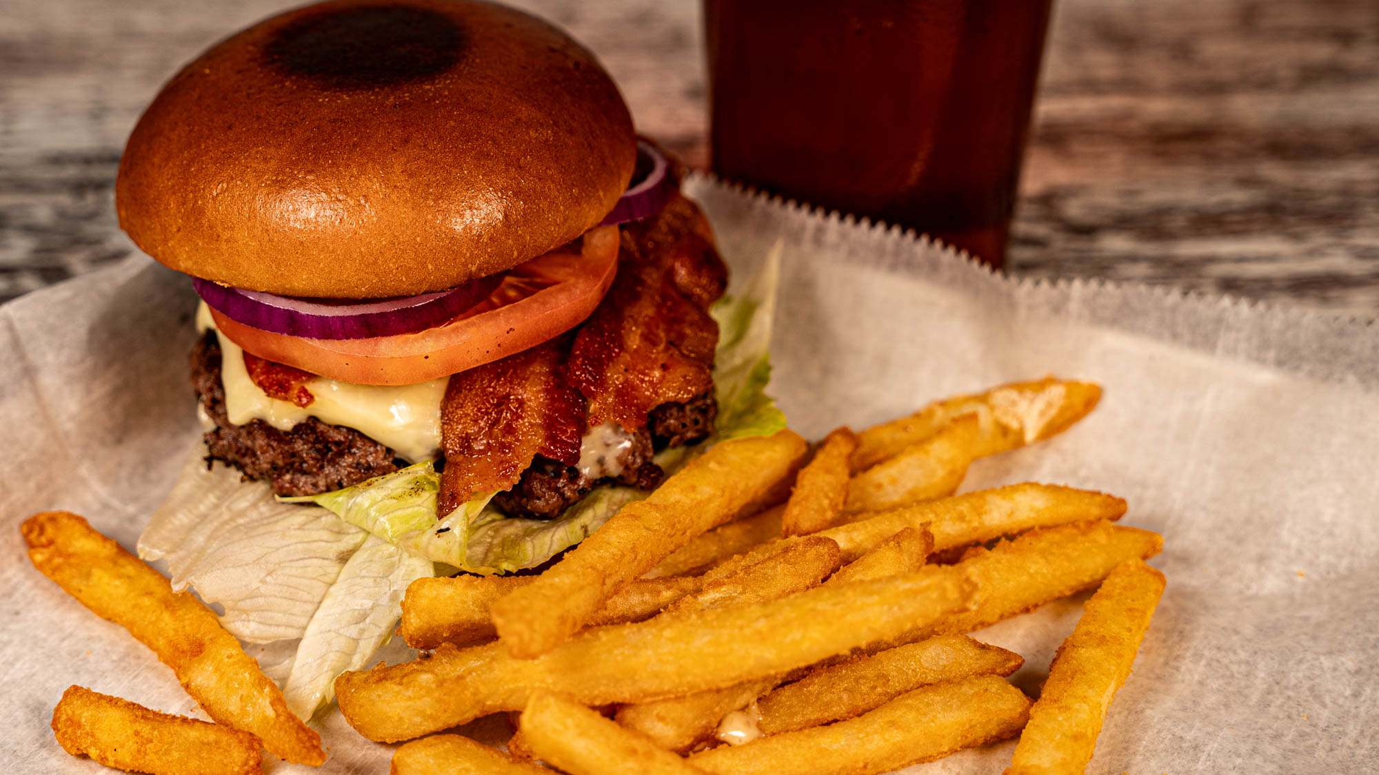 Bacon cheeseburger and fries