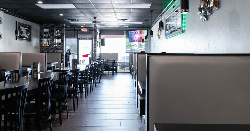 Interior, tables with chairs, and restaurant booths