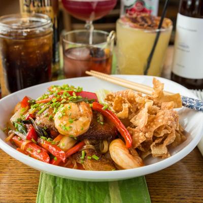 Drunken Noodles, with shrimp, pork belly, veggies, basil, scallions, and crispy wontons.