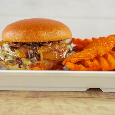 Ghostbuster burger with waffle fires.