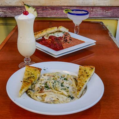 Fettuccine Alfredo, Lasagna, Margarita, and Pina Colada.
