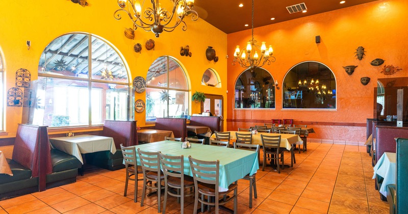 Interior, tables, chairs and booths