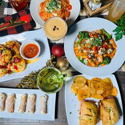 Assorted dishes and drinks, overhead view.