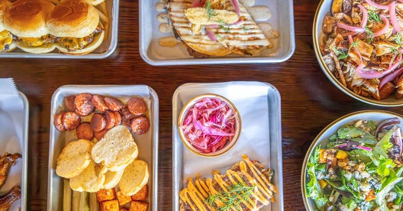 Assorted food plates, top view