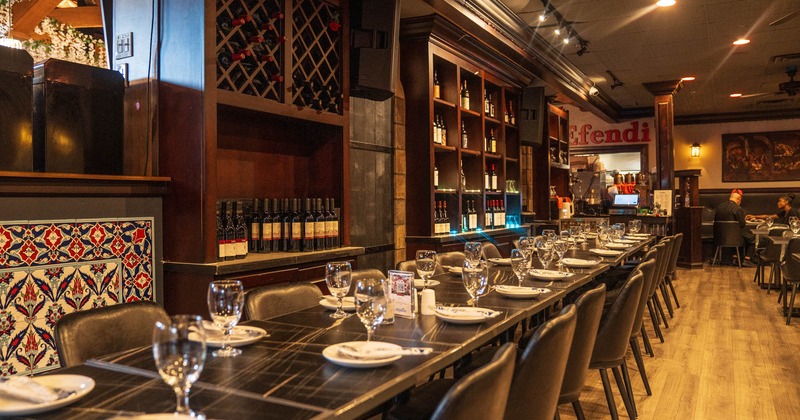 Interior, long dining table with chairs