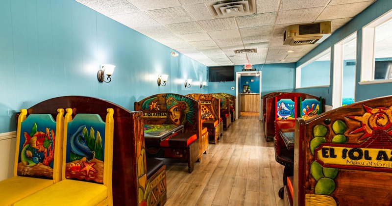Interior, decorated dining booths