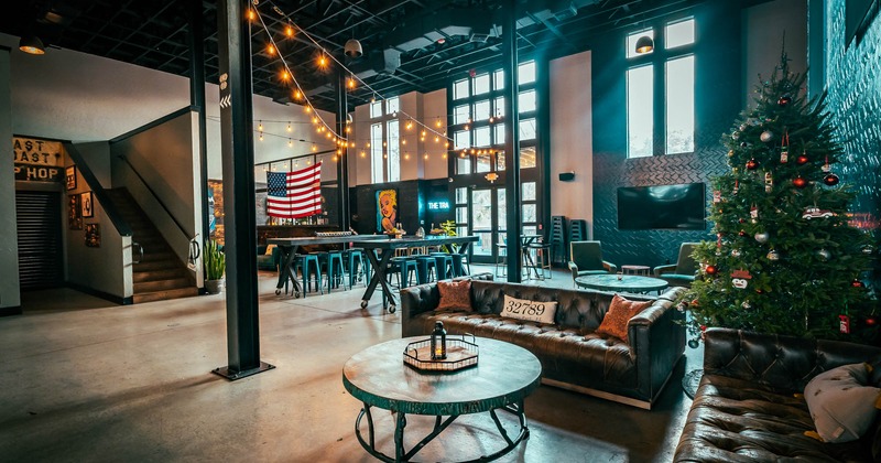 Interior, seating area with leather sofas and table, Christmas tree in the back