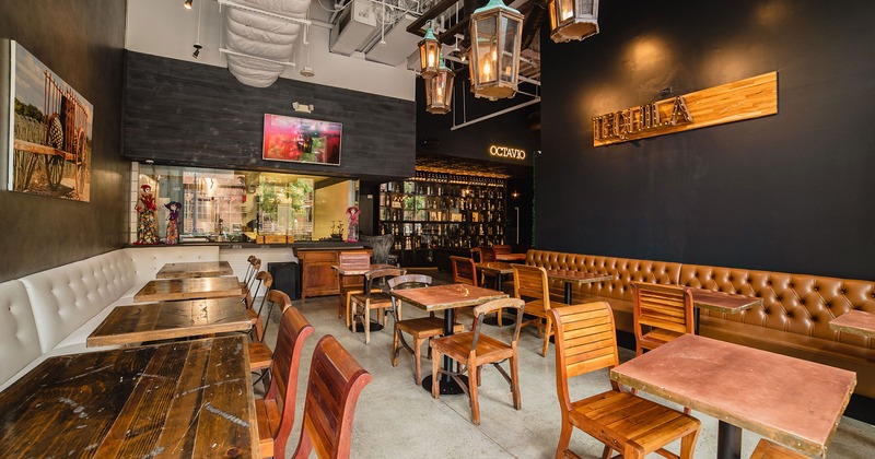 Interior, food counter, banquette seating, dining tables and chairs during day