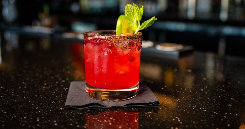 Interior, tables and seats, mural art, a bar