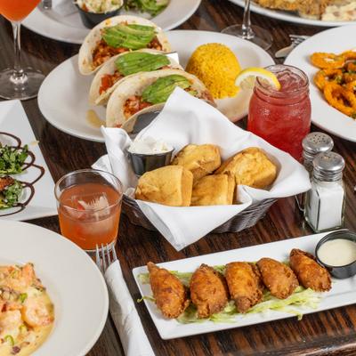 Assorted food and drinks.